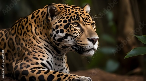 Ferocious carnivore leopard sit and relaxed and stare at something with nature background. Generative AI technology. © Riocool