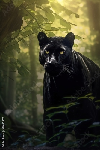 Black panther in the forest. Generative AI.