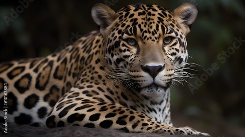 Ferocious carnivore leopard sit and relaxed and stare at the camera with nature background. Generative AI technology.