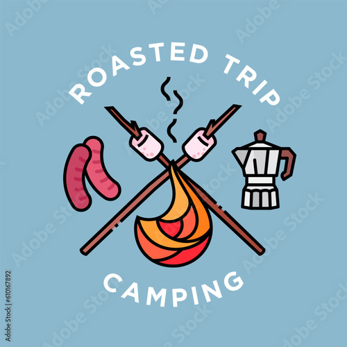 roasted camping trip poster colored line design vector illustration