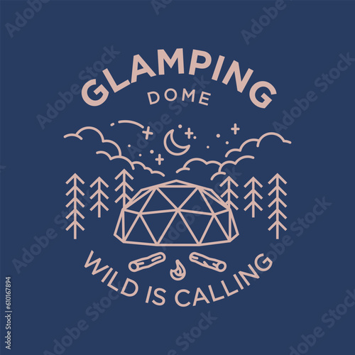 glamping camp dome vintage monoline vector illustration