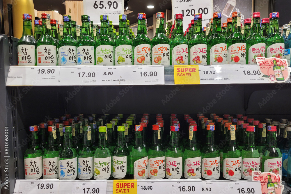 PENANG, MALAYSIA 26 MAY 2023 Assortment Korea soju and hard liquor