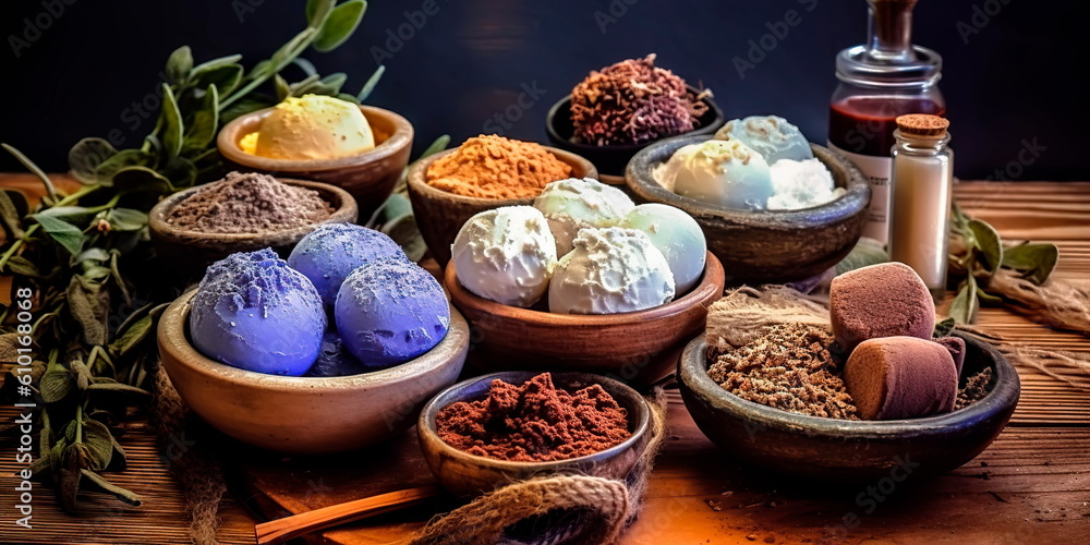 homemade natural cosmetics, such as lip balms, body butters, and bath bombs, using ingredients like shea butter, cocoa butter, and essential oils. Generative AI