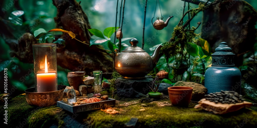 Fototapeta premium mindful morning ritual incorporating natural elements, such as sipping herbal tea, practicing gratitude, and setting intentions for the day ahead.Generative AI