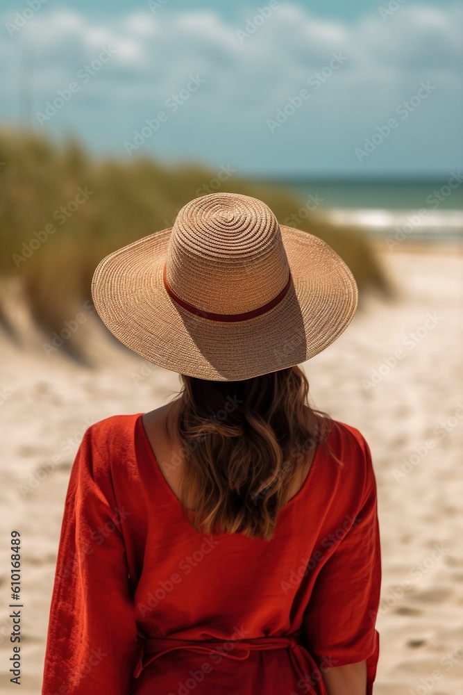 A woman with a hat walking down the beach, in the style of red. Generative AI.