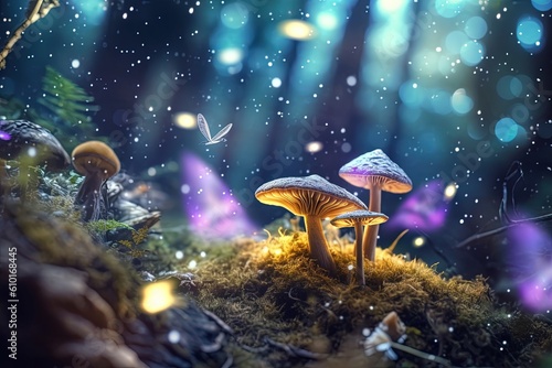 A glowing transparent and highly detailed butterfly flying through an Forest hovering over a glowing mushroom, with other glowing flying butterflies on the background. Generative AI.
