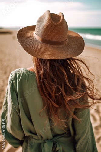 A woman with a hat walking down the beach, in the style of green and brown. Generative AI.