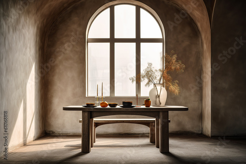 Oak table with four legs, in a minimalistic composition. Minimalist interior decoration concept. Generative AI