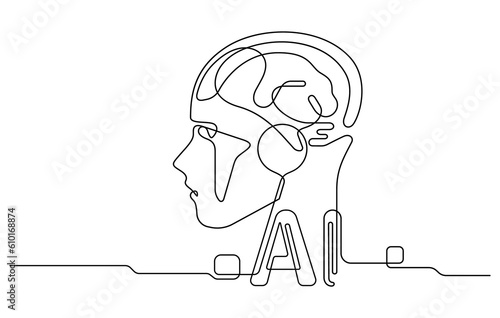 AI artificial intelligence and digital technology brain data robot conceptual in one line drawing