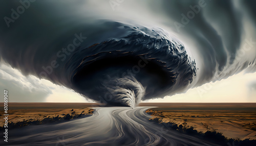 tornado on the ground after tornadic supercell, In the style of dark gray and dark bronze, terrorwave, cloudpunk, unearthly, midwest gothic, Ai generated  photo