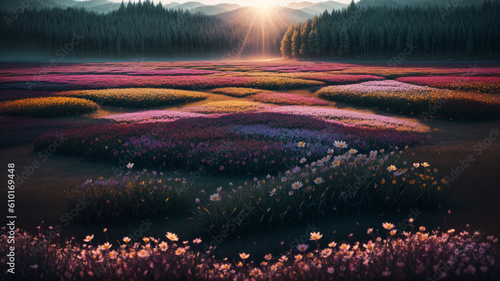 A majestic sunrise at a flower plains, Generative AI A majestic sunrise at a flower plains, Generative AI