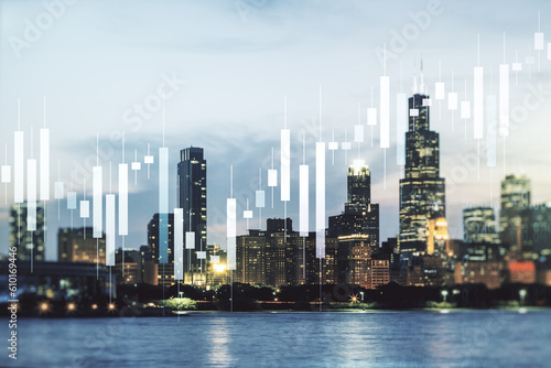 Abstract virtual financial graph hologram on Chicago cityscape background  financial and trading concept. Multiexposure