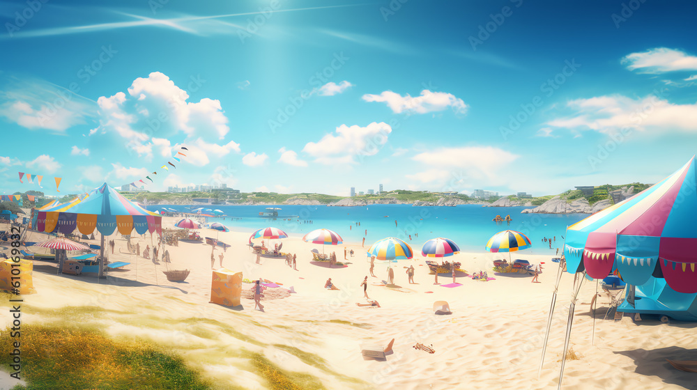 Obraz premium beach full of people illustration ai generative