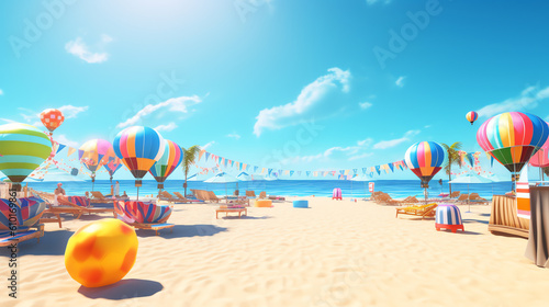 beach party with balloon decoration and blue sky background ai generative