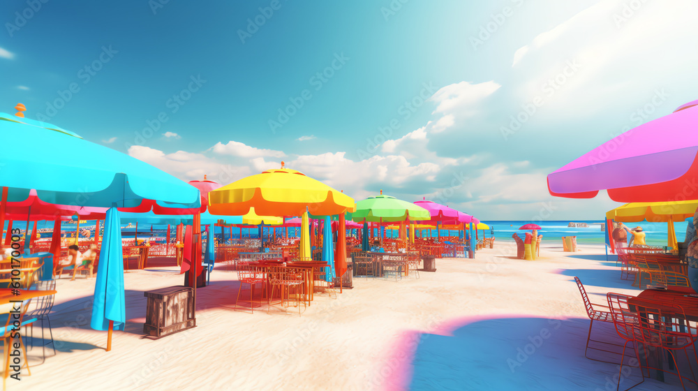 beach background with colorful umbrella ai generative
