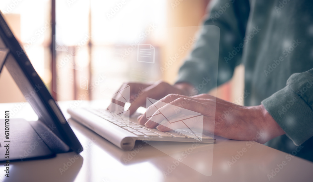 Obraz premium email and document concept, businessman typing on keyboard reviewing reading sending email to clients, business promotion, online document