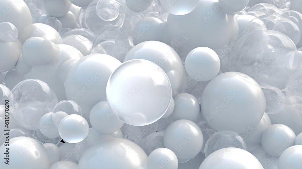 White, lucid glass bubbles. Futuristic tech wallpaper. Texture made of spherical balls transparent 3d shapes arranged for digital backgrounds. Translucent foam. 3d render composition. Generative AI White, lucid glass bubbles. Futuristic tech wallpaper. Texture made of spherical balls transparent 3d shapes arranged for digital backgrounds. Translucent foam. 3d render composition. Generative AI