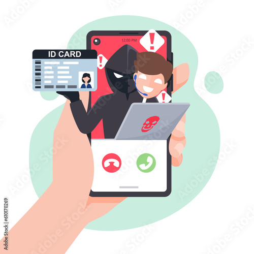 Thief hacker phishing id card data on smartphones. Hacker fraud scam and steal private data on devices. Vector illustration flat design for cyber security awareness concept.