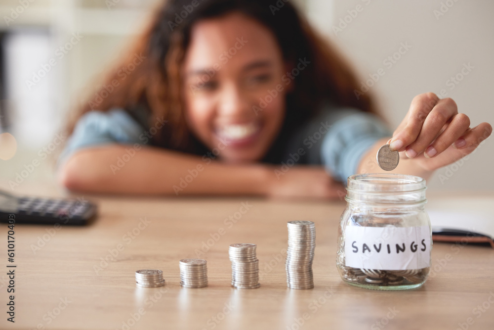 Woman, hand and money savings jar, finance and budget, future financial planning with investment and coins on table. Female person saving, economy with growth and development, cash in glass container Woman, hand and money savings jar, finance and budget, future financial planning with investment and coins on table. Female person saving, economy with growth and development, cash in glass container