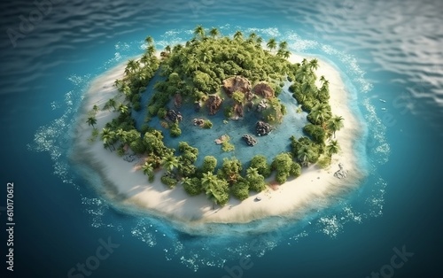 Top view of tropical island surrounded by turquoise water created with Generative AI technology © Oksana