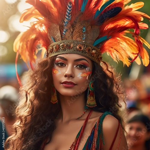 Brazilian woman with a feather headdress and a face art in sunset lights created with Generative AI technology
