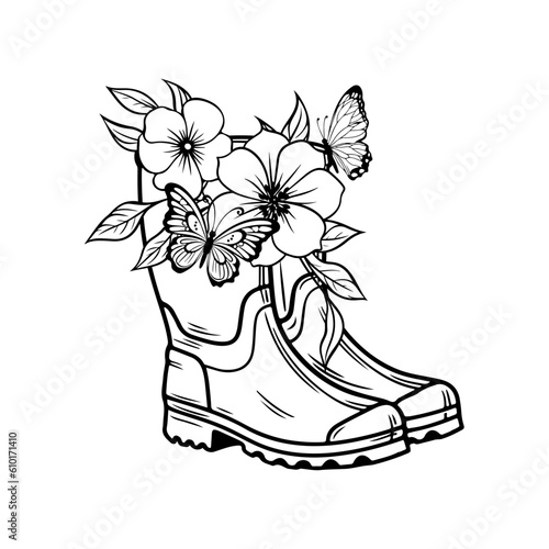 A bouquet of flowers stands in rubber boots with butterflies. Black and white illustration