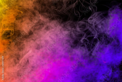 AI generated pink and orange colors multicolored smoke puff cloud design elements on a dark background.