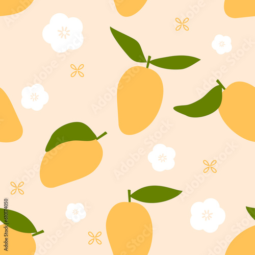 Seamless pattern with mango  green leaves and cute flower vector illustration.