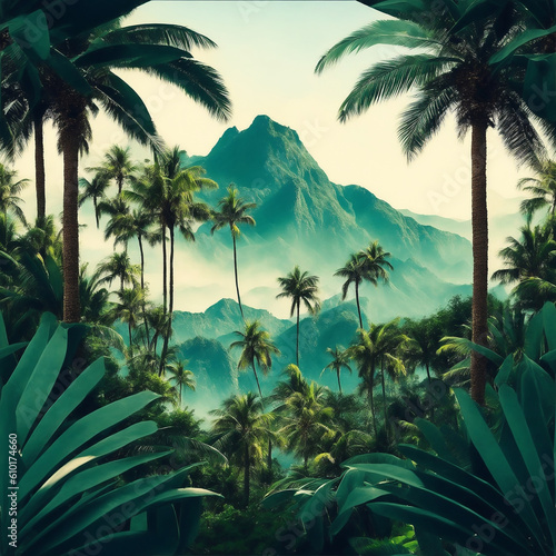 A captivating digital artwork of a mysterious jungle  featuring palm trees and a hilltop adorned with majestic mountains. Generative Ai.