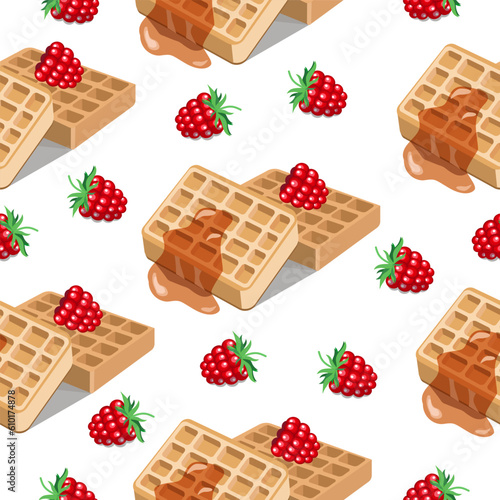 Seamless pattern of Belgian waffles with raspberries on a white background.Vector pattern for textiles,restaurant menus,backgrounds.