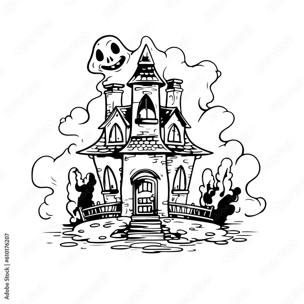 haunted tree house silhouette horror scary creepy hand drawn illustration line art

