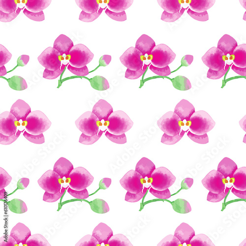 Orchid flower. Watercolor illustration. Blossoming flower with buds.Seamless pattern 