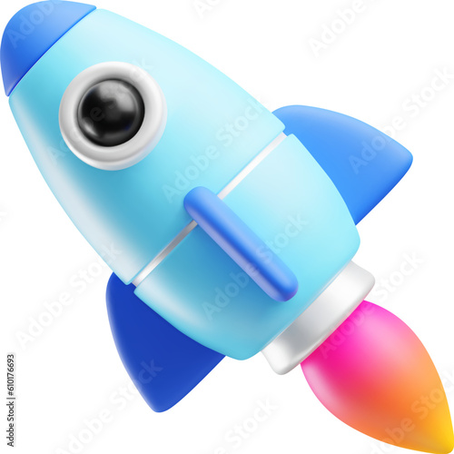 Spaceship rocket launch. 3d style toy rocket flying with flame is ejected from nozzles. Spaceship rocket launch. Successful startup, financial growth, space business concept vector illustration