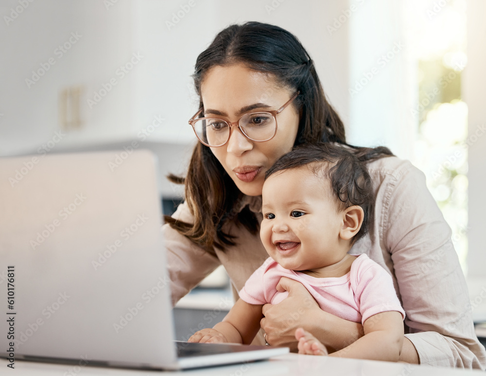 Remote work, happy woman and baby with laptop, glasses and freelance worker with online project in apartment. Working from home office, mother and girl child with internet search and virtual job. Remote work, happy woman and baby with laptop, glasses and freelance worker with online project in apartment. Working from home office, mother and girl child with internet search and virtual job.