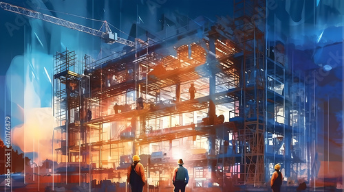 illustration of digital design of buildings with graphic design, Working civil engineers, architects or construction workers, double exposure, generated in AI