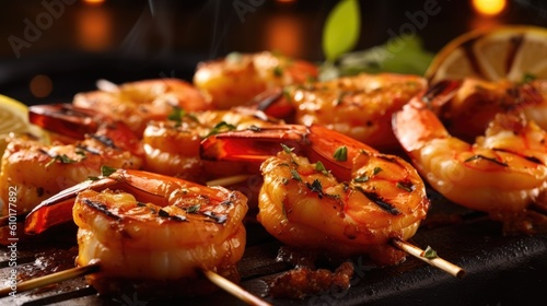 Obraz na plátně Fresh hot grilled shrimp on the grill. Generative AI
