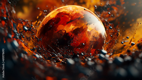 Abstract background orange and red sphere surrounded by molten bits - Generative AI