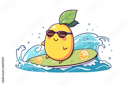 A fun creature from the lemon with sunglasses and a surfboard