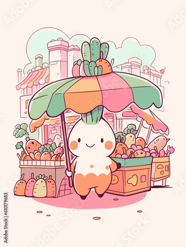 clutching a basket of fresh vegetables is a happy carrot with leafy green hair