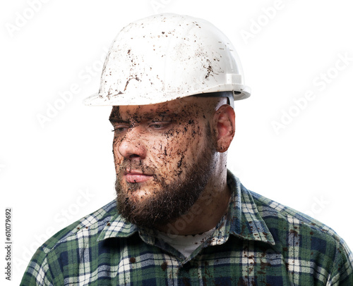Serious builder in a protective construction helmet.