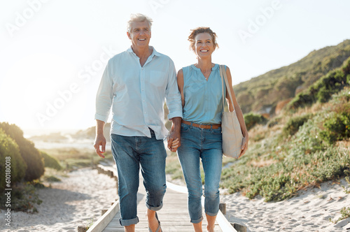 Sticker Senior, couple and walking at the beach with hands in portrait for happiness on a vacation in the outdoor