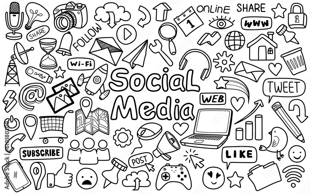 Hand drawn set of social media sign and symbol doodles elements. Isolated on white background. Hand drawn set of social media sign and symbol doodles elements. Isolated on white background.