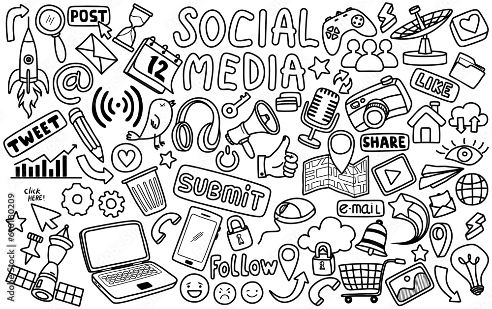 Hand drawn set of social media sign and symbol doodle elements. Hand drawn set of social media sign and symbol doodle elements.