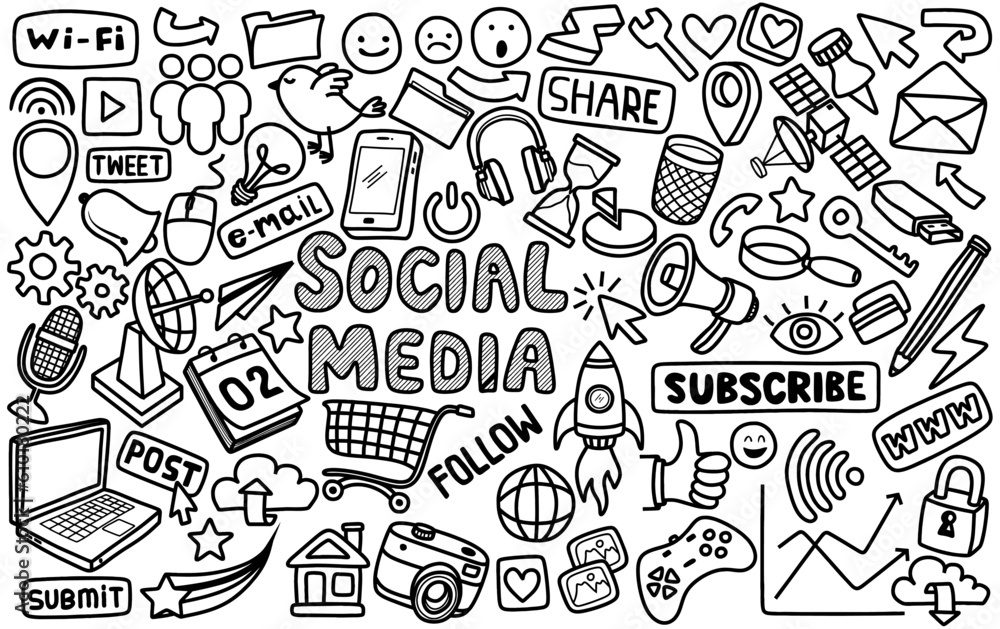 Hand drawn set of social media sign and symbol doodles elements. Isolated on white background. Hand drawn set of social media sign and symbol doodles elements. Isolated on white background.