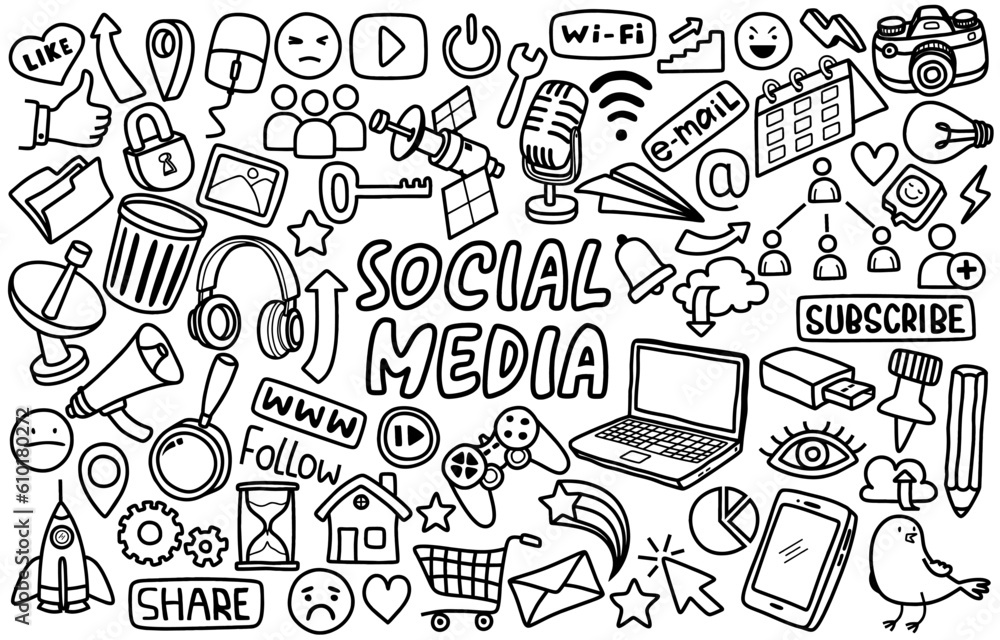 Hand drawn set of social media sign and symbol doodles elements. Isolated on white background.