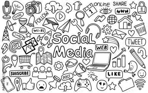 Hand drawn set of social media sign and symbol doodles elements. Isolated on white background.