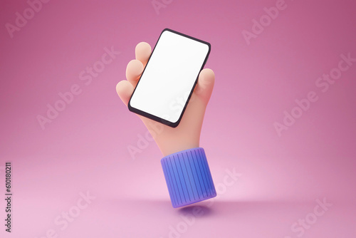 3D cartoon hand with blue wrist holding black smartphone with white screen on pink pastel background ,3D render hand grab phone with empty screen