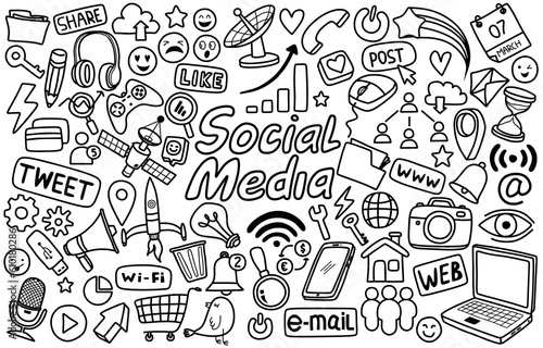 Hand drawn set of social media sign and symbol doodles elements. Isolated on white background.