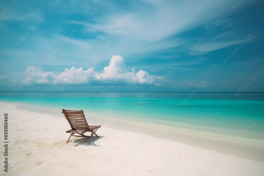 Lonely chaise longue on the shore of bright blue-green water. Long sandy beach. Generative AI