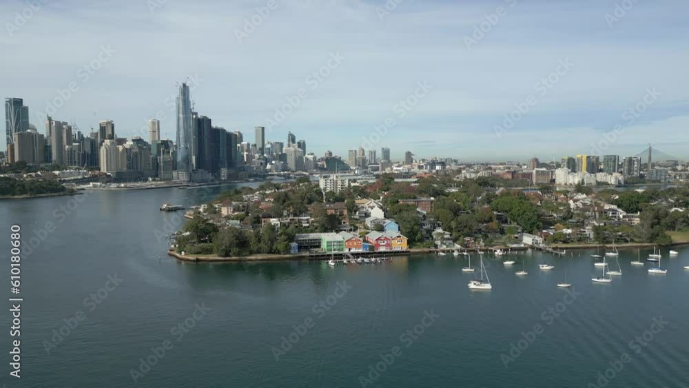 Aerial video of Balmain East with view of city CBD skyline. Forward scenic fly over the Sydney Harbour. Aerial video of Balmain East with view of city CBD skyline. Forward scenic fly over the Sydney Harbour.